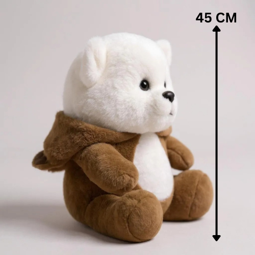Teddy Bear with Brown Hoodie, 45 cm, White and Brown, Soft Stuffed Animal | Big Size 45 CM | Full Retractable Hoodie
